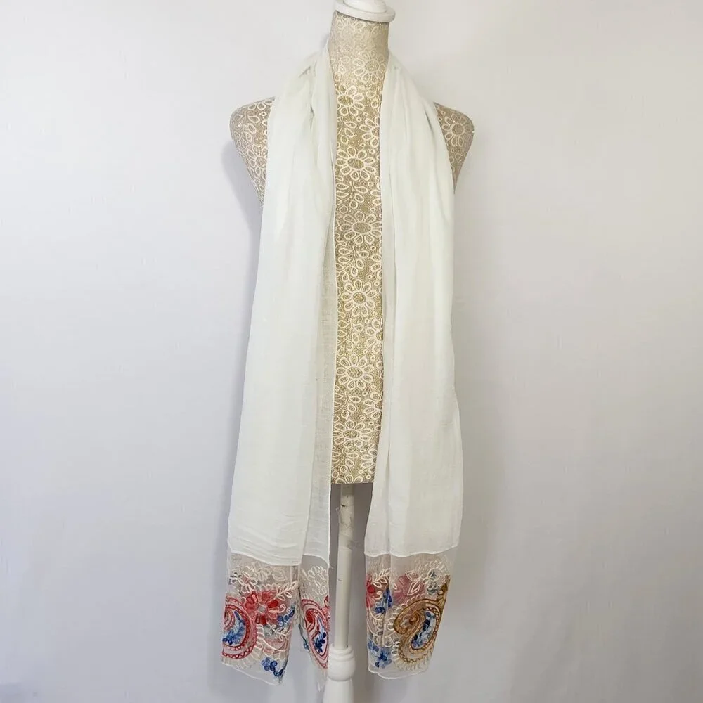 Scarf Women's Rectangle White Detailed Floral Embroidered Linen Blend Boho City